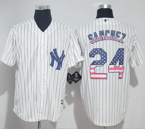 Yankees #24 Gary Sanchez White Strip USA Flag Fashion Stitched MLB Jersey - Click Image to Close